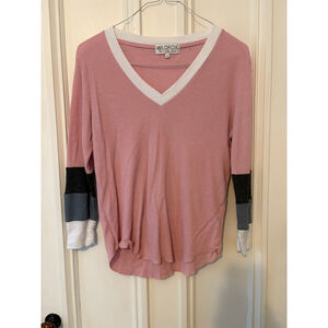 WILDFOX womens Pink White Long Sleeve thermal Tee S